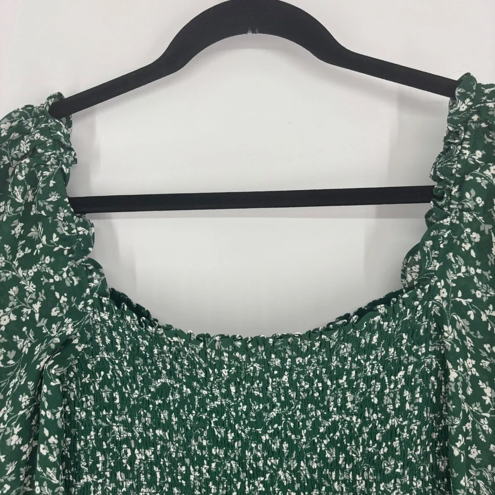 Reformation Pinto Smocked Top Green Parsley Women Size Medium Floral Long Sleeve